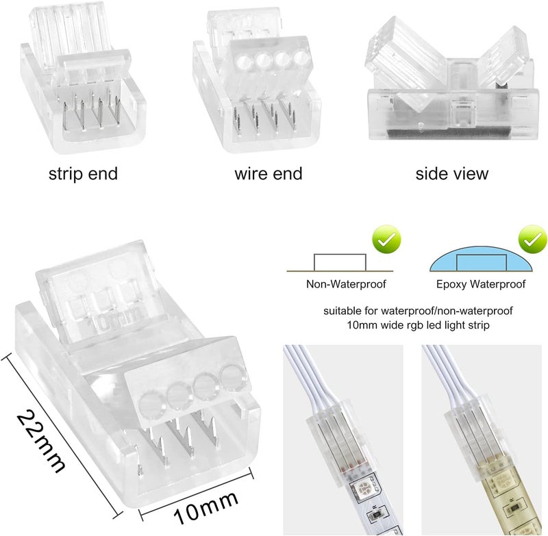 RGBZONE 10 Packs 4-Pin RGB LED Light Strip Connectors 10mm Wide Unwired Gapless Solderless Strip to Wire Quick Connectors Adapter for Waterproof or Non-Waterproof SMD 5050 Multicolor LED Light Strip - Image 2
